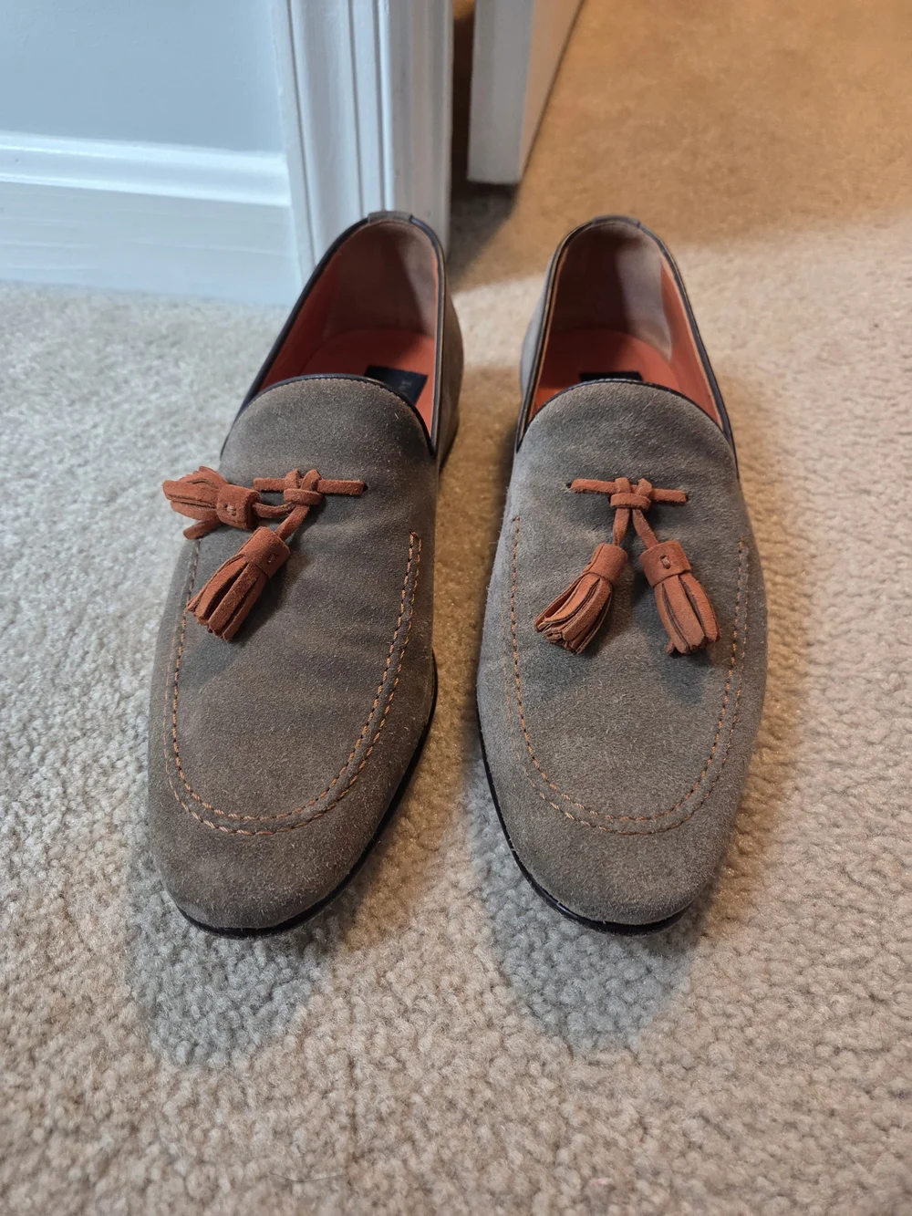 To Boot Taupe Suede Tassel Loafers with Orange Accents